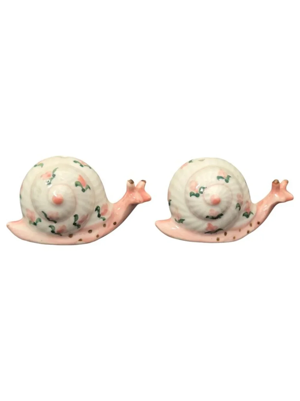 Vintage Snail Salt Pepper Shaker Set Pink Green Dots Floral Kitsch Whimsical